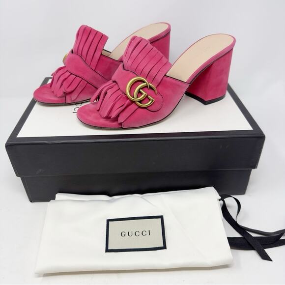 Gucci GG Marmont Pink Suede Fringe Mules Sandals - Picture 2 of 11